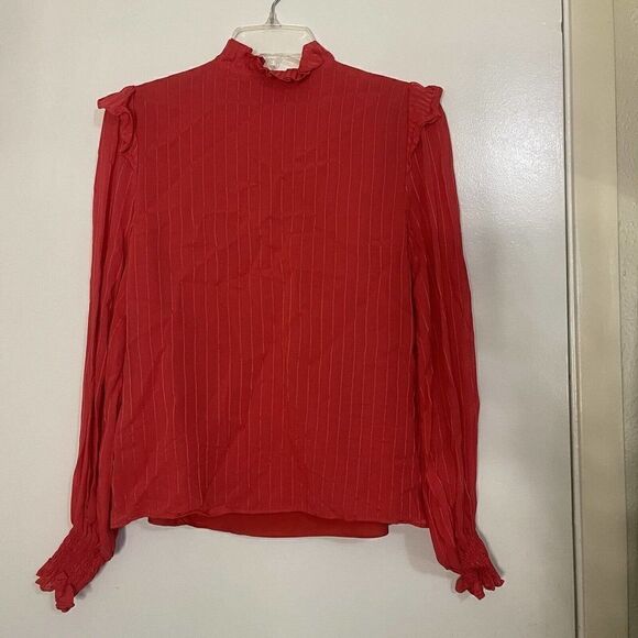 TED BAKER red orange ruffle collar pinstripe peasant blouse top size 0 X-small - Picture 3 of 6